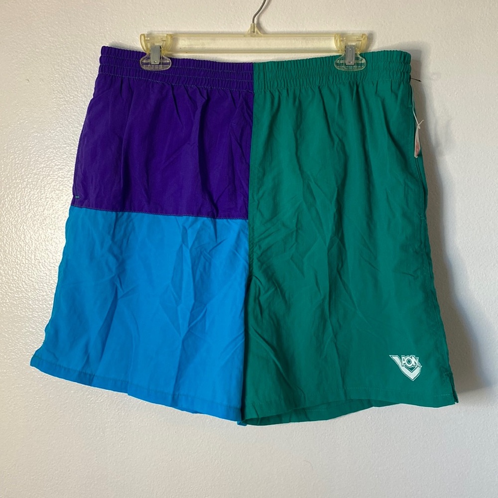 Vintage pony extra large men’s color block neon swim trunks mesh lining 90s
